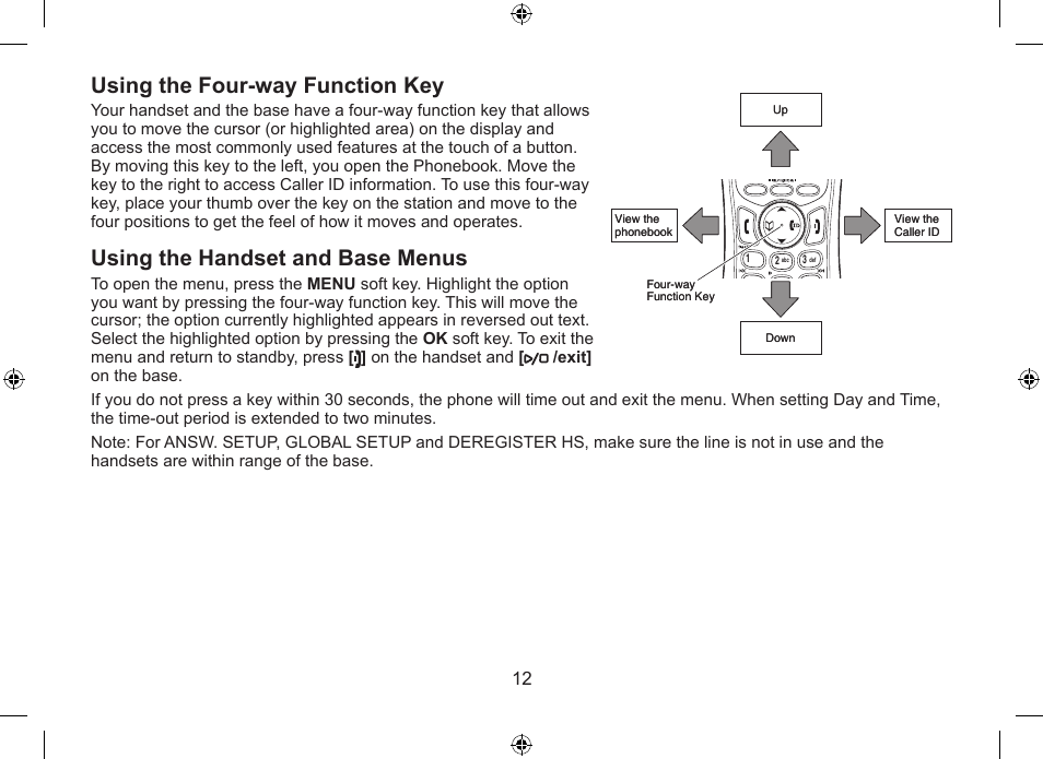 Using.the.four-way.function.key, Using.the.handset.and.base.menus | Uniden DSS7955+1 User Manual | Page 13 / 84