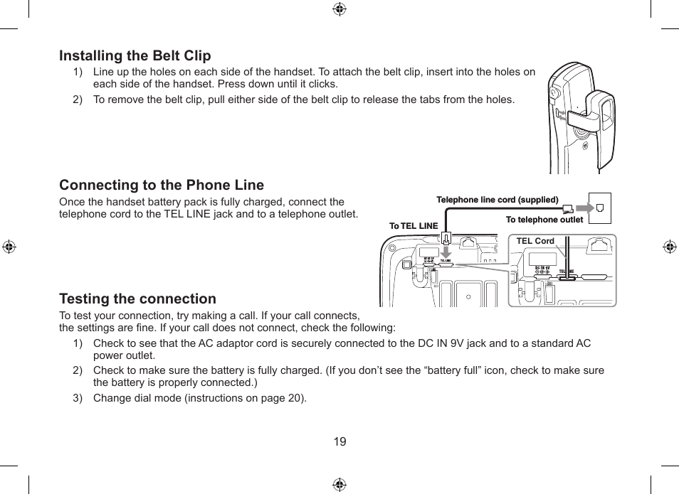 Installing.the.belt.clip, Connecting.to.the.phone.line, Testing.the.connection | Uniden DSS7955+1 User Manual | Page 20 / 84