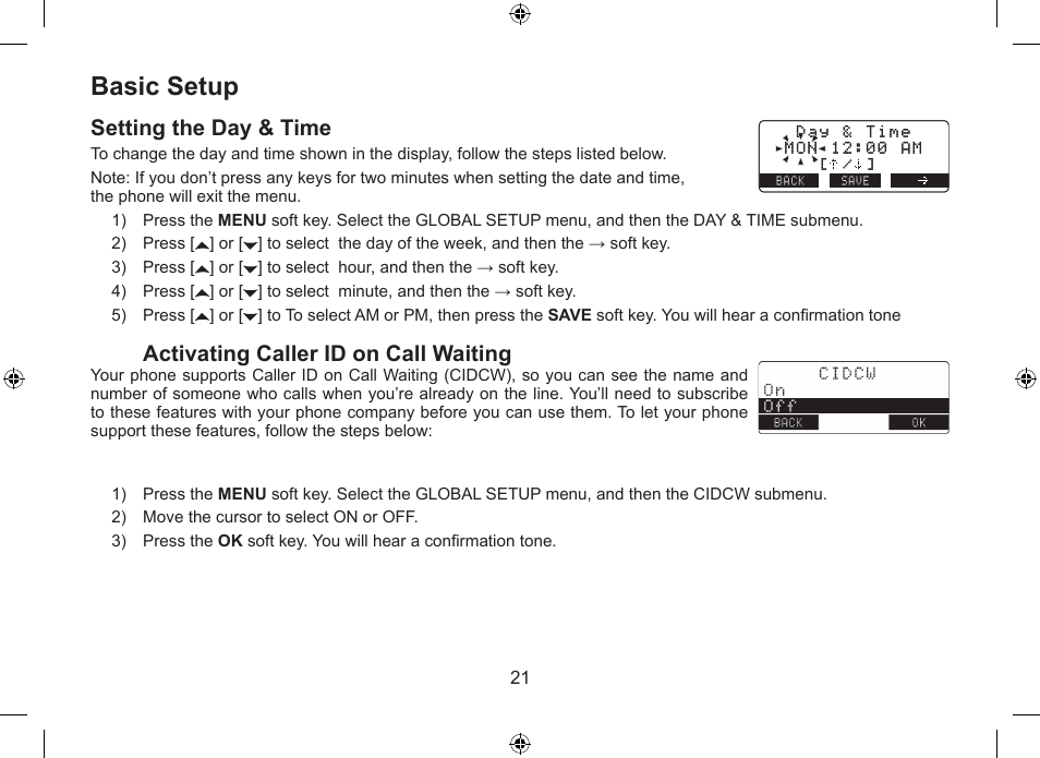 Basic.setup, Setting.the.day.&.time, Activating.caller.id.on.call.waiting | Uniden DSS7955+1 User Manual | Page 22 / 84