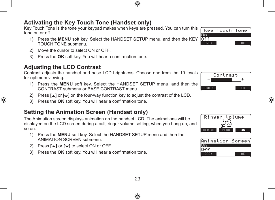 Activating.the.key.touch.tone.(handset.only), Adjusting.the.lcd.contrast, Setting.the.animation.screen.(handset.only) | Uniden DSS7955+1 User Manual | Page 24 / 84