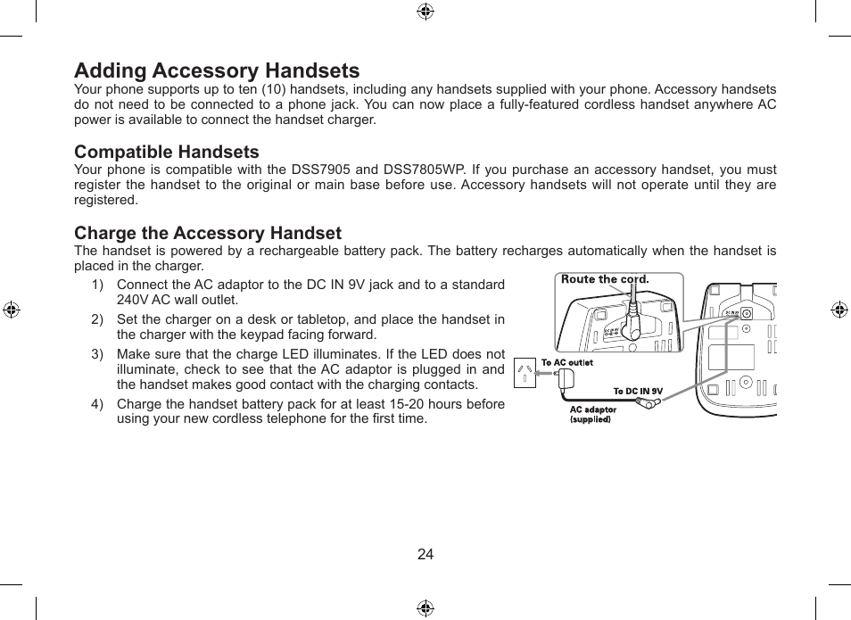 Adding.accessory.handsets, Compatible.handsets, Charge.the.accessory.handset | Uniden DSS7955+1 User Manual | Page 25 / 84
