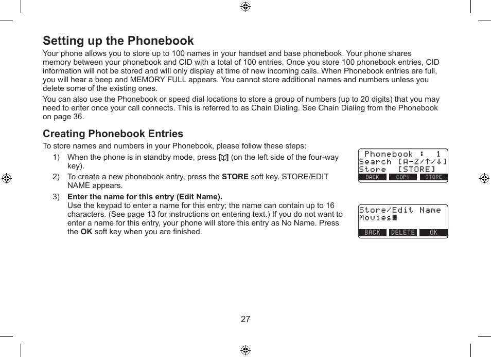 Setting.up.the.phonebook, Creating.phonebook.entries | Uniden DSS7955+1 User Manual | Page 28 / 84