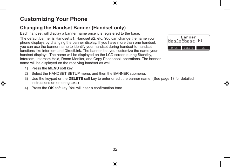 Customizing.your.phone, Changing.the.handset.banner.(handset.only) | Uniden DSS7955+1 User Manual | Page 33 / 84