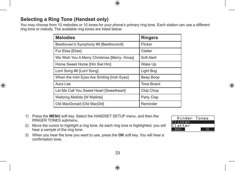 Selecting.a.ring.tone.(handset.only), Melodies ringers | Uniden DSS7955+1 User Manual | Page 34 / 84