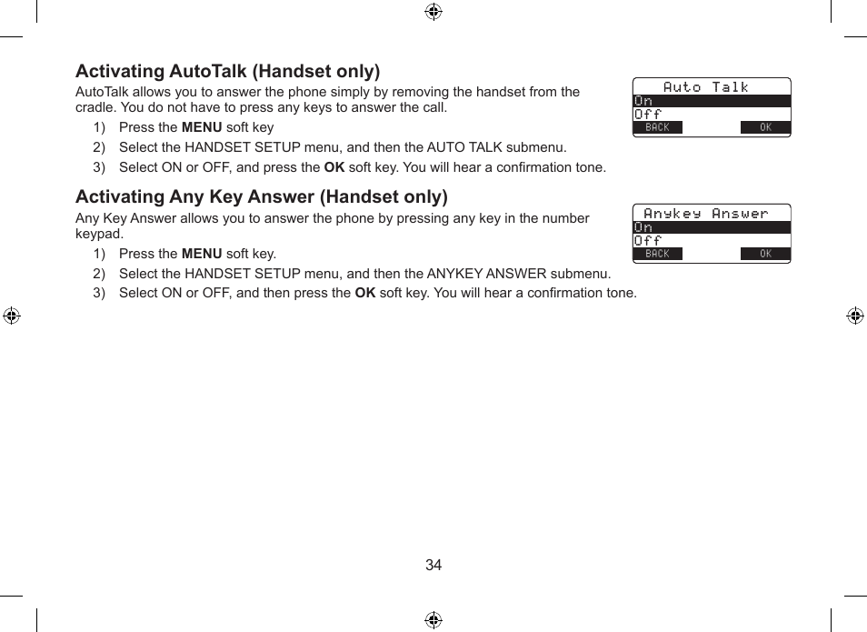 Activating.autotalk.(handset.only), Activating.any.key.answer.(handset.only) | Uniden DSS7955+1 User Manual | Page 35 / 84