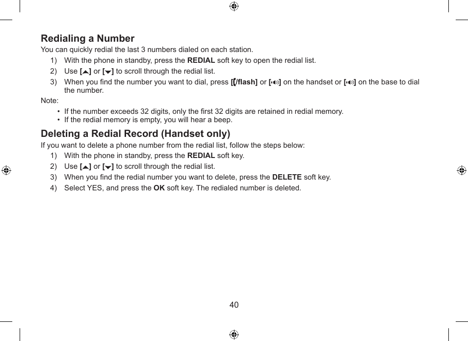 Redialing.a.number, Deleting.a.redial.record.(handset.only) | Uniden DSS7955+1 User Manual | Page 41 / 84