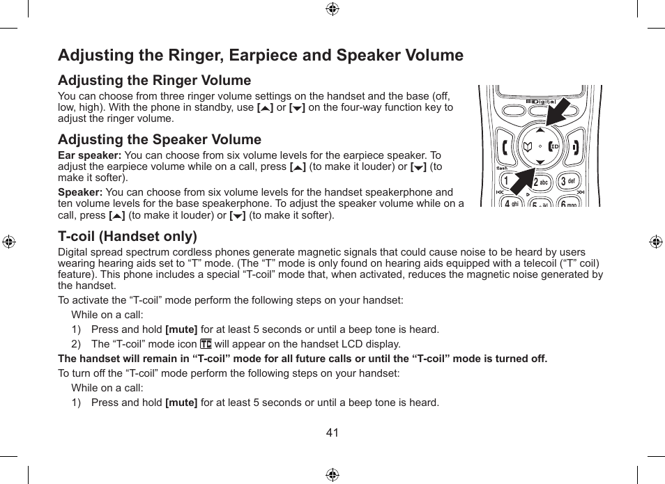 Adjusting.the.ringer,.earpiece.and.speaker.volume, Adjusting.the.ringer.volume, Adjusting.the.speaker.volume | T-coil.(handset.only) | Uniden DSS7955+1 User Manual | Page 42 / 84