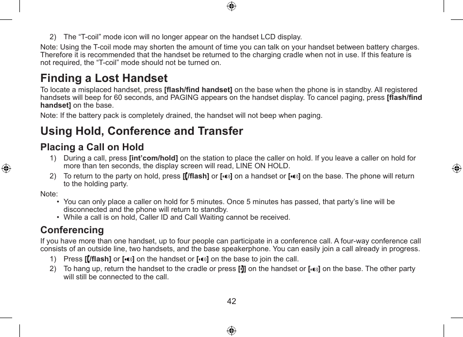 Finding.a.lost.handset, Using.hold,.conference.and.transfer, Placing.a.call.on.hold | Conferencing | Uniden DSS7955+1 User Manual | Page 43 / 84
