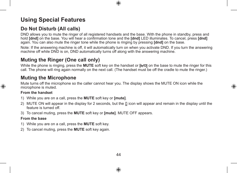 Using.special.features, Do.not.disturb.(all.calls), Muting.the.ringer.(one.call.only) | Muting.the.microphone | Uniden DSS7955+1 User Manual | Page 45 / 84