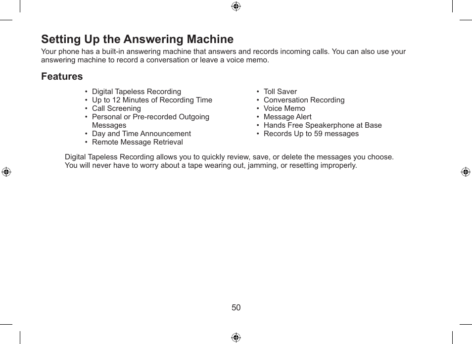 Setting.up.the.answering.machine, Features | Uniden DSS7955+1 User Manual | Page 51 / 84