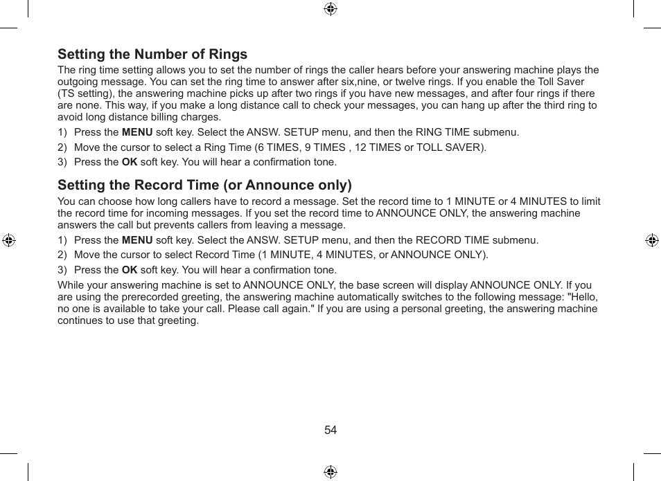 Setting.the.number.of.rings, Setting.the.record.time.(or.announce.only) | Uniden DSS7955+1 User Manual | Page 55 / 84