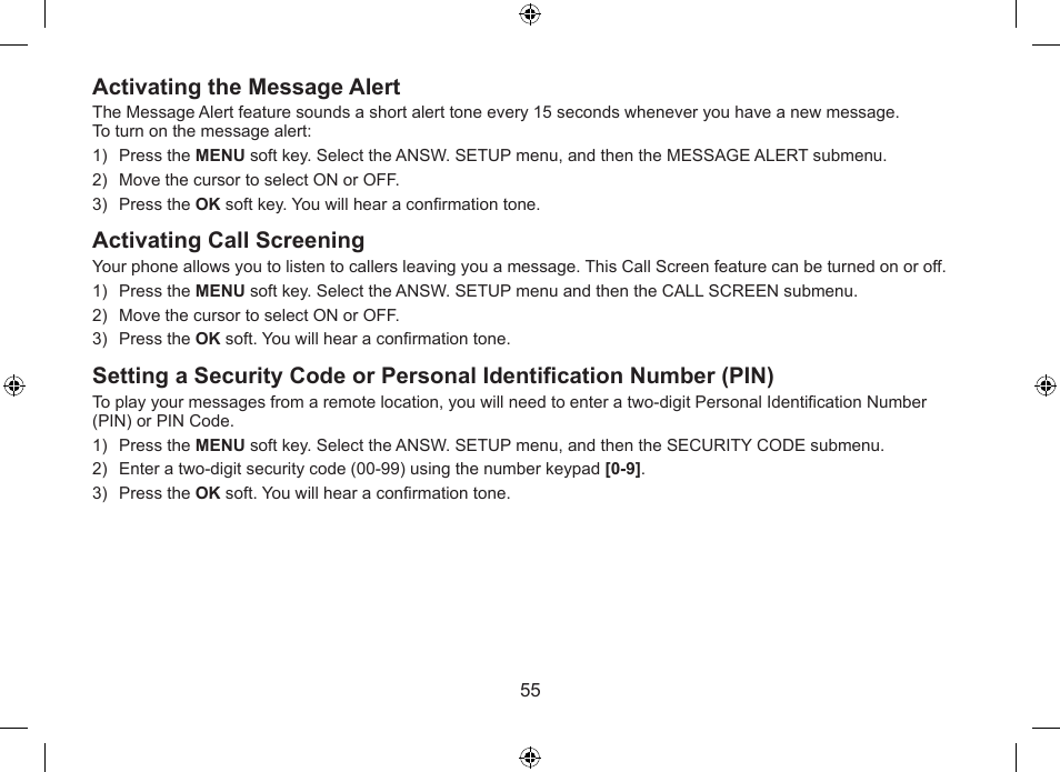 Activating.the.message.alert, Activating.call.screening | Uniden DSS7955+1 User Manual | Page 56 / 84