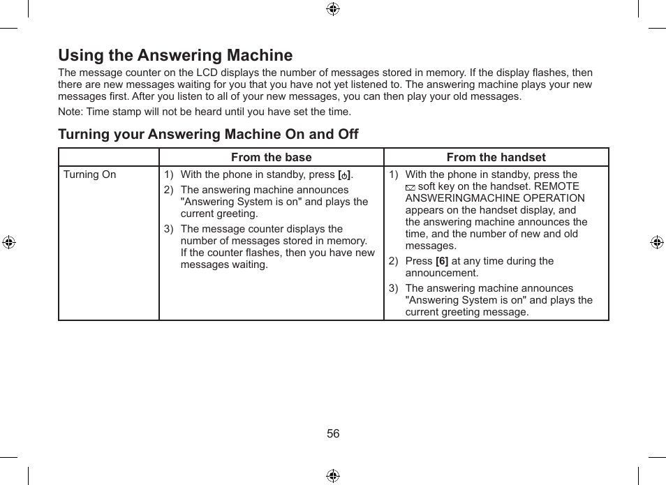 Using.the.answering.machine, Turning.your.answering.machine.on.and.off | Uniden DSS7955+1 User Manual | Page 57 / 84
