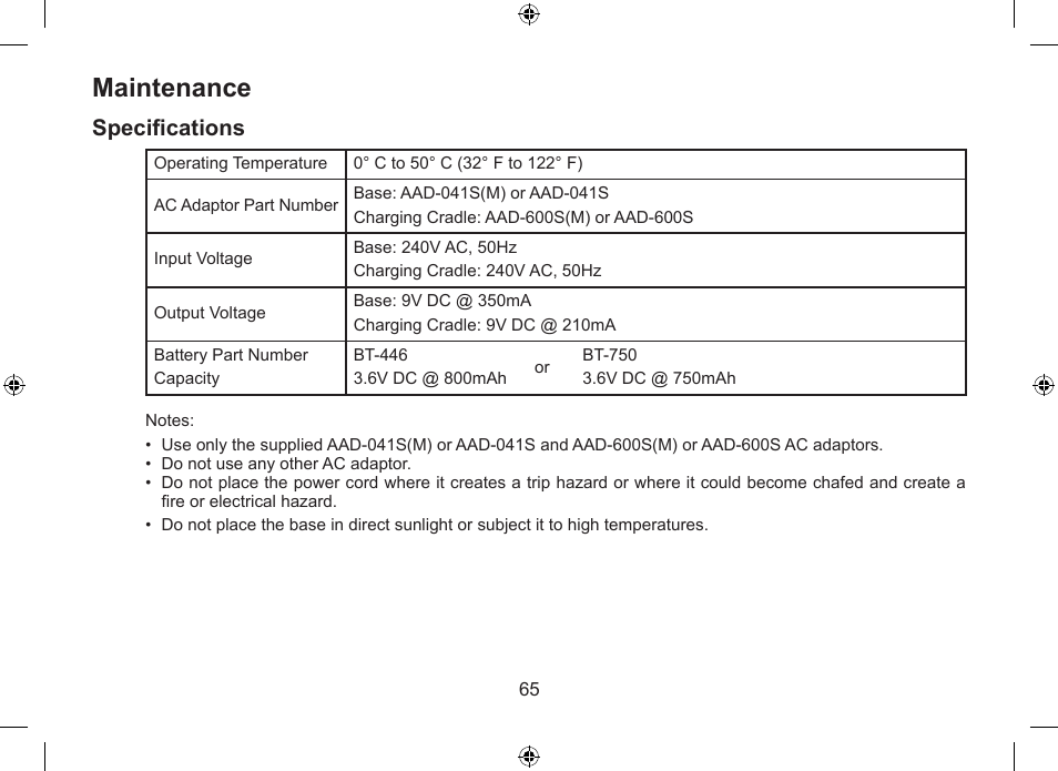 Maintenance, Specifications | Uniden DSS7955+1 User Manual | Page 66 / 84