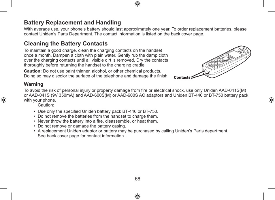 Battery.replacement.and.handling, Cleaning.the.battery.contacts | Uniden DSS7955+1 User Manual | Page 67 / 84