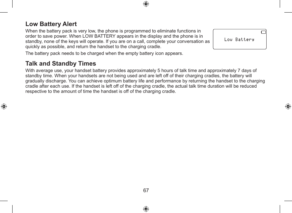 Low.battery.alert, Talk.and.standby.times | Uniden DSS7955+1 User Manual | Page 68 / 84