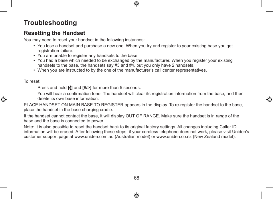 Troubleshooting, Resetting.the.handset | Uniden DSS7955+1 User Manual | Page 69 / 84