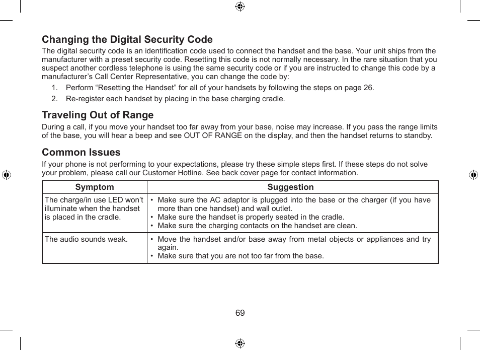 Changing.the.digital.security.code, Traveling.out.of.range, Common.issues | Uniden DSS7955+1 User Manual | Page 70 / 84