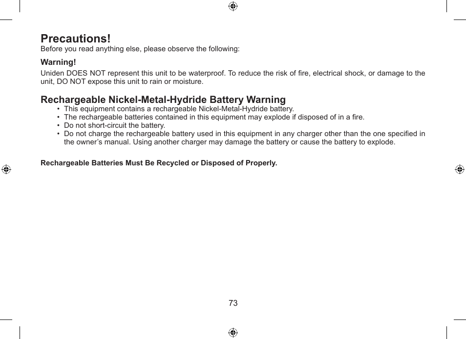 Precautions, Rechargeable.nickel-metal-hydride.battery.warning | Uniden DSS7955+1 User Manual | Page 74 / 84