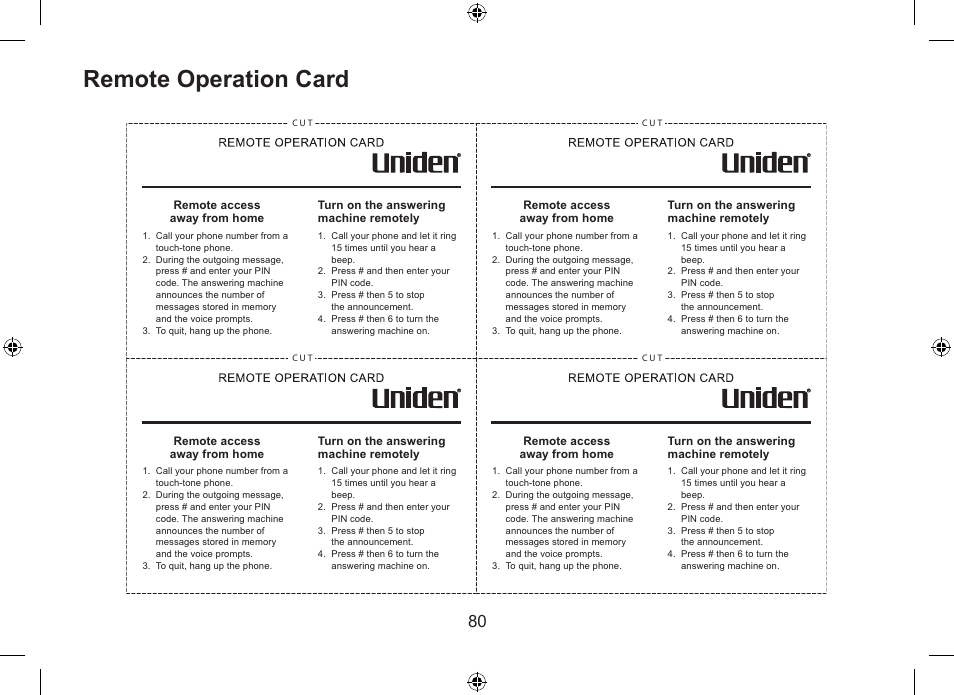 Remote.operation.card | Uniden DSS7955+1 User Manual | Page 81 / 84