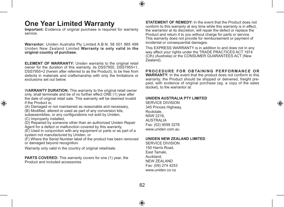 One.year.limited.warranty | Uniden DSS7955+1 User Manual | Page 83 / 84