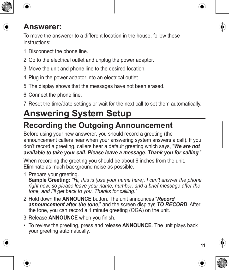 Answering system setup, Answerer, Recording the outgoing announcement | Uniden 1380 User Manual | Page 11 / 44