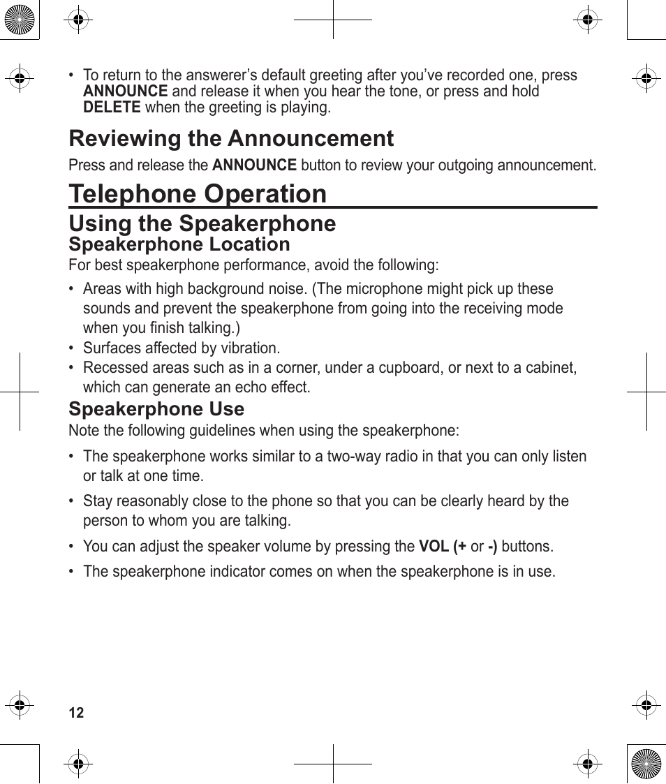 Telephone operation, Reviewing the announcement, Using the speakerphone | Uniden 1380 User Manual | Page 12 / 44