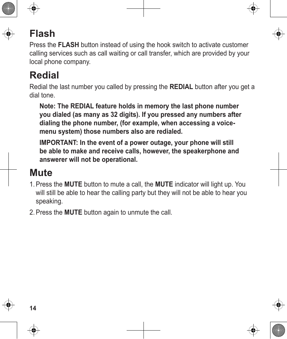 Flash, Redial, Mute | Uniden 1380 User Manual | Page 14 / 44