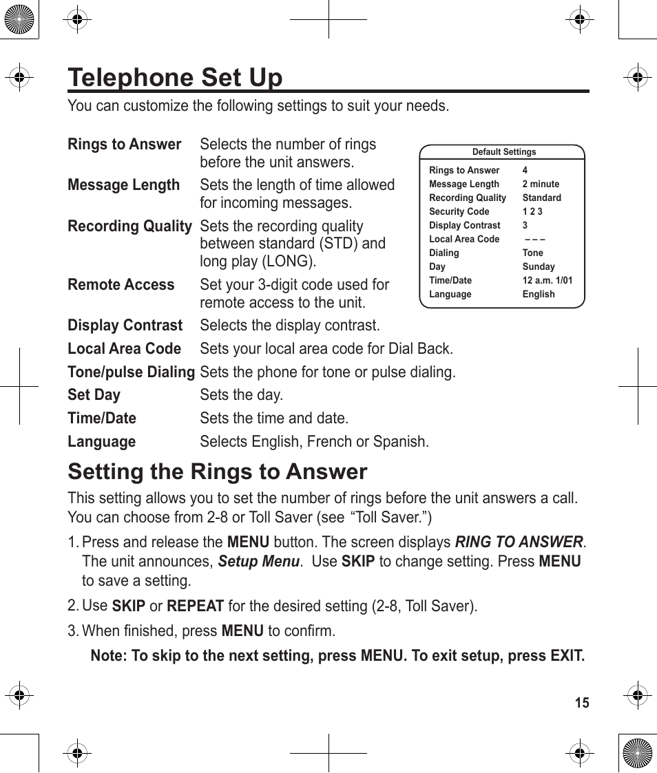 Telephone set up, Setting the rings to answer | Uniden 1380 User Manual | Page 15 / 44