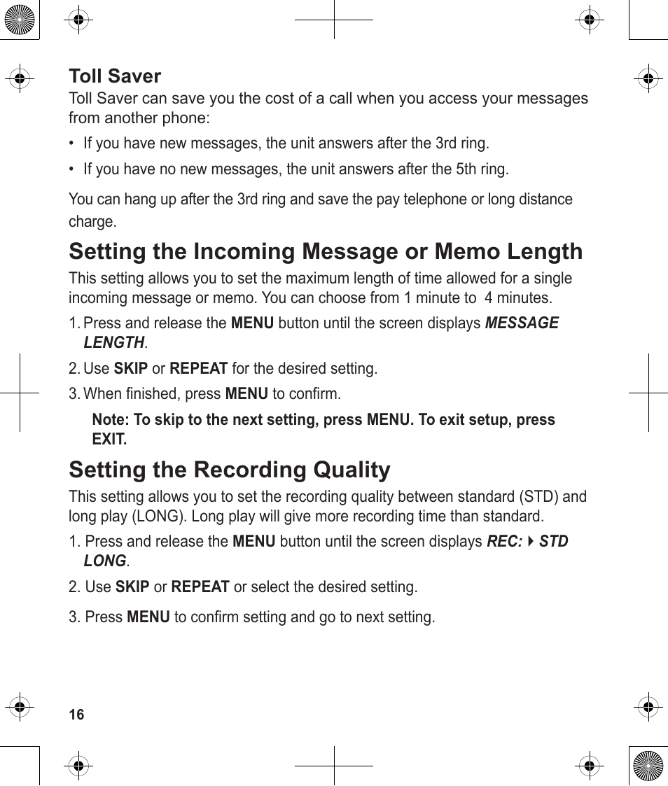 Setting the recording quality, Toll saver | Uniden 1380 User Manual | Page 16 / 44