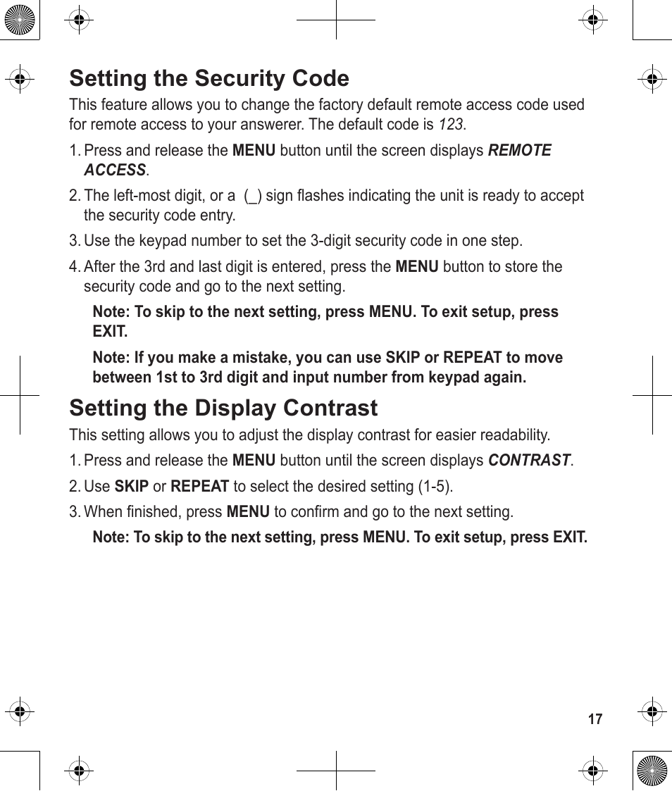Setting the security code, Setting the display contrast | Uniden 1380 User Manual | Page 17 / 44