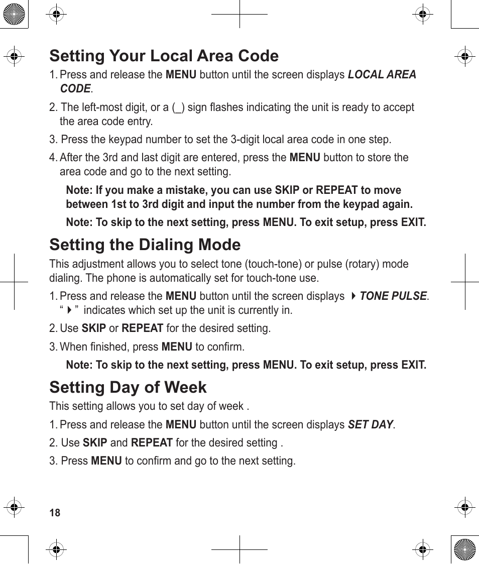 Setting your local area code, Setting the dialing mode, Setting day of week | Uniden 1380 User Manual | Page 18 / 44