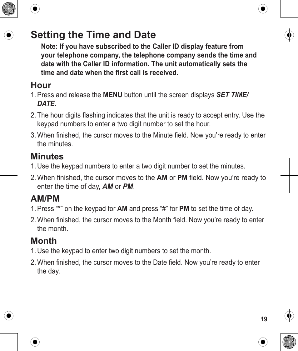 Setting the time and date, Hour, Minutes | Am/pm, Month | Uniden 1380 User Manual | Page 19 / 44