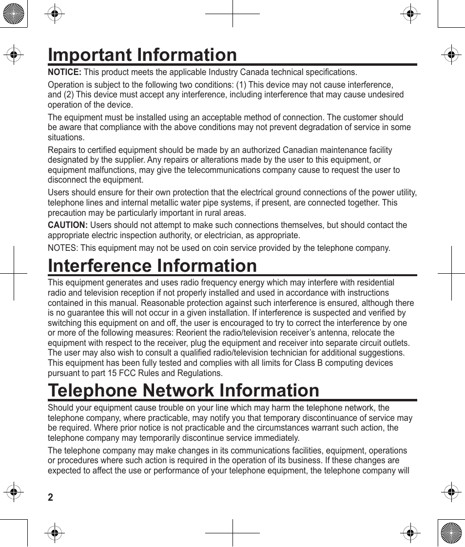 Important information, Interference information, Telephone network information | Uniden 1380 User Manual | Page 2 / 44