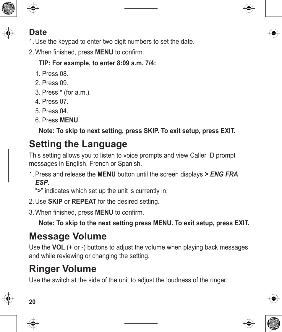 Setting the language, Message volume, Ringer volume | Date | Uniden 1380 User Manual | Page 20 / 44