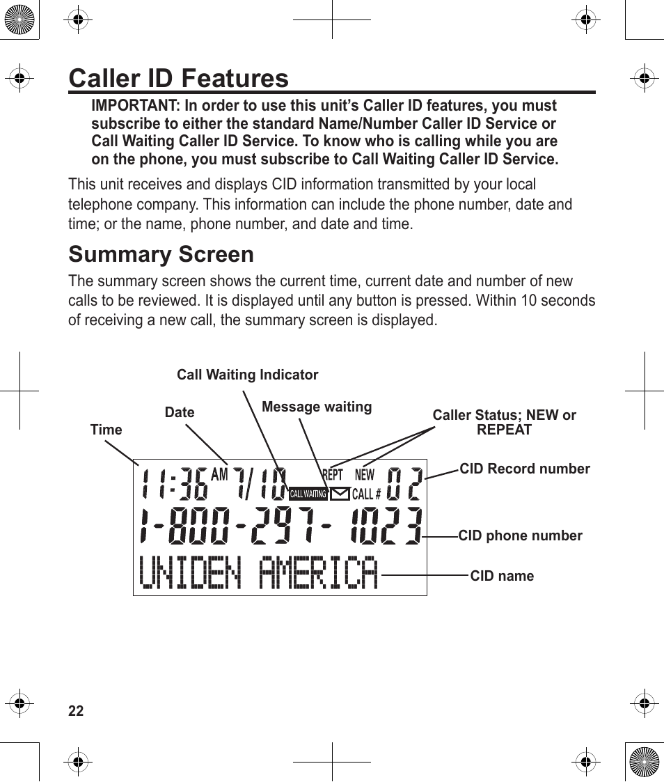 Caller id features, Summary screen | Uniden 1380 User Manual | Page 22 / 44