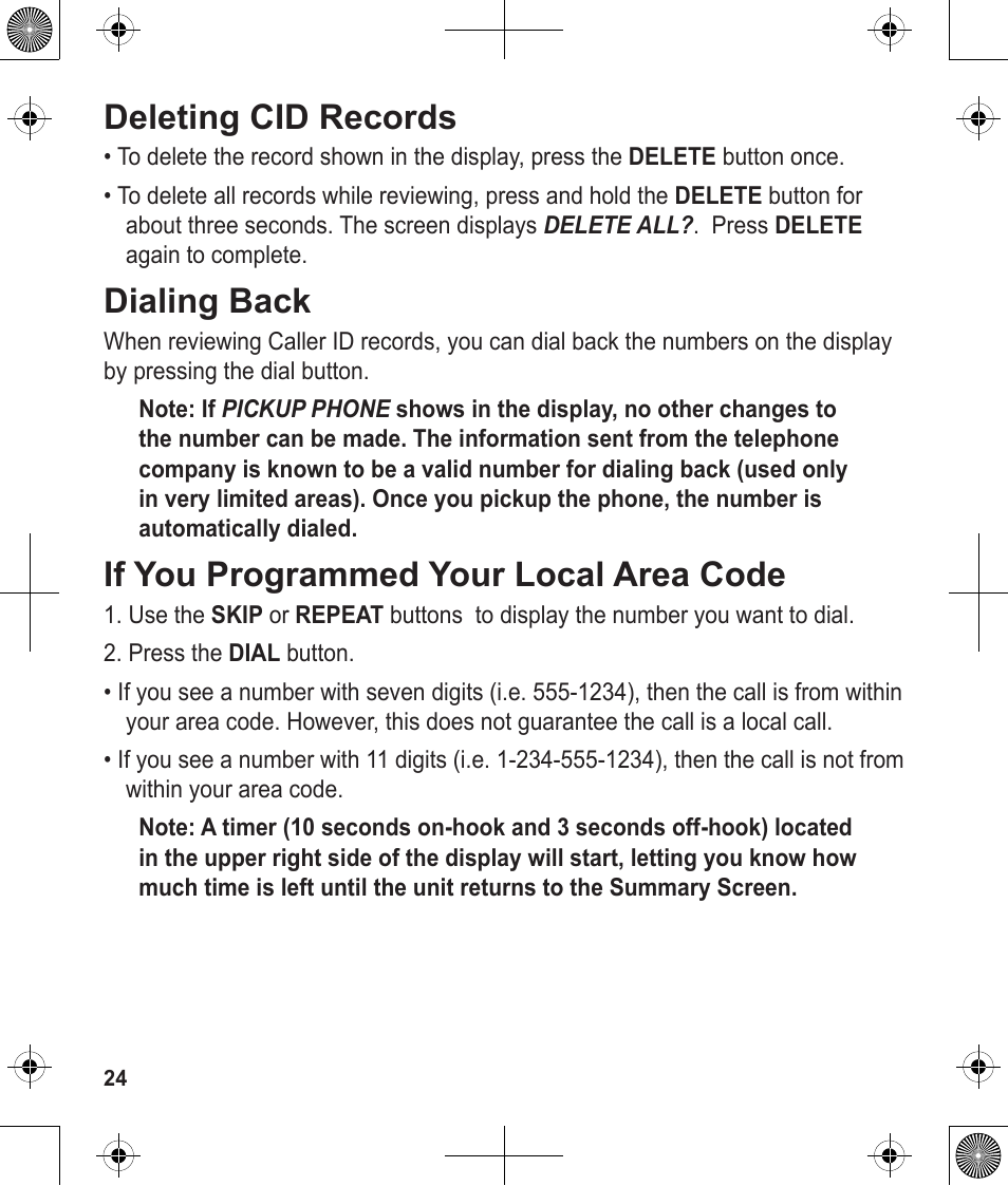 Deleting cid records, Dialing back, If you programmed your local area code | Uniden 1380 User Manual | Page 24 / 44