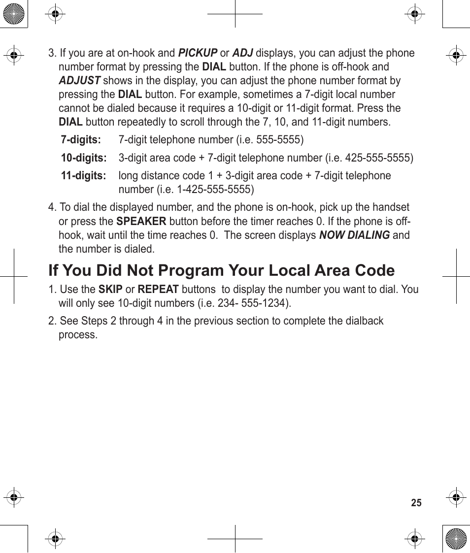 If you did not program your local area code | Uniden 1380 User Manual | Page 25 / 44