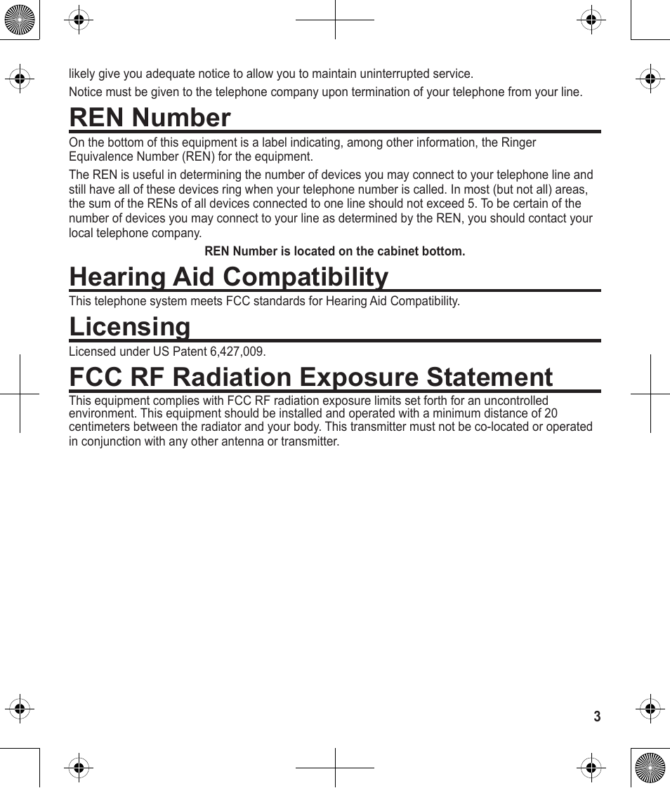 Ren number, Hearing aid compatibility, Licensing | Fcc rf radiation exposure statement | Uniden 1380 User Manual | Page 3 / 44