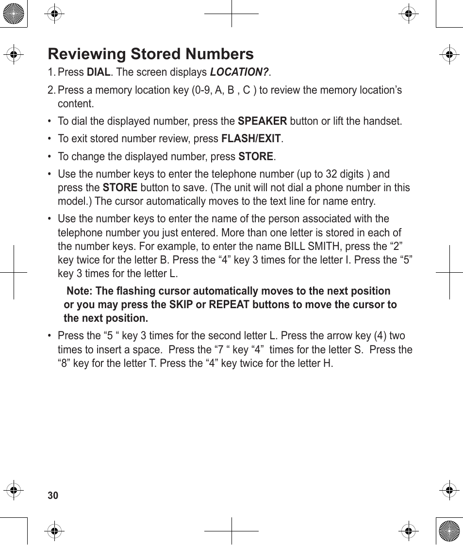 Reviewing stored numbers | Uniden 1380 User Manual | Page 30 / 44