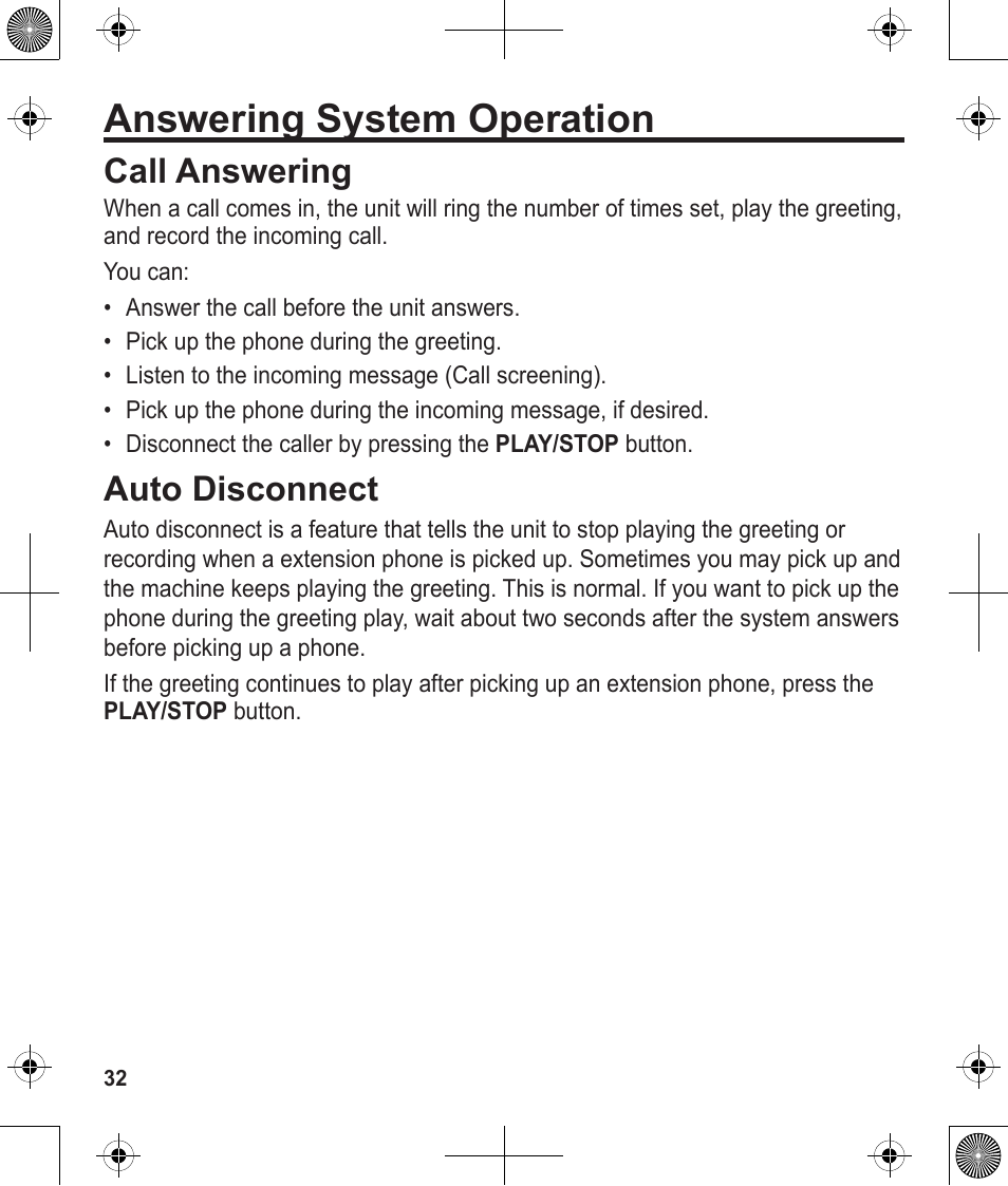 Answering system operation, Call answering, Auto disconnect | Uniden 1380 User Manual | Page 32 / 44