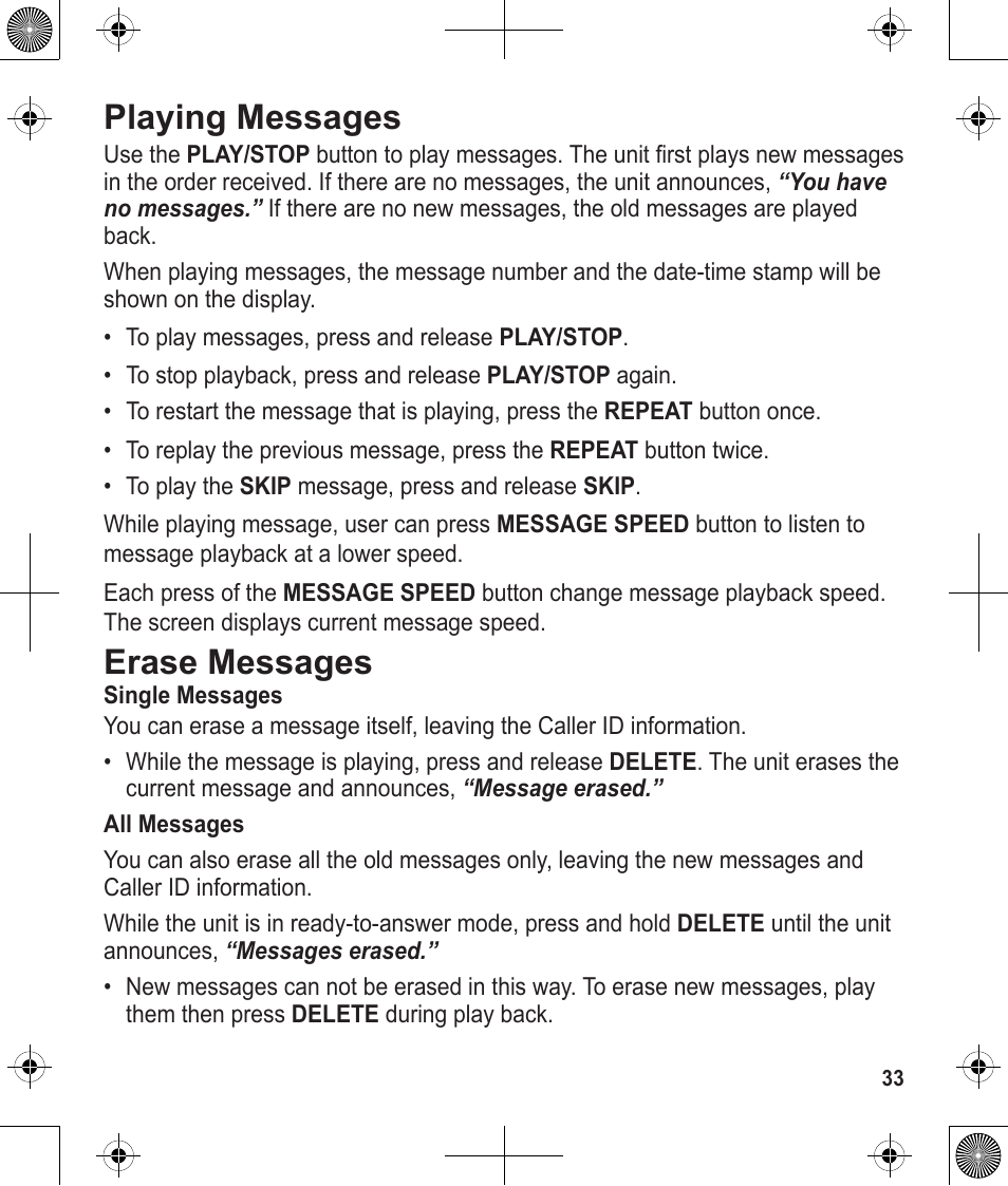 Playing messages, Erase messages | Uniden 1380 User Manual | Page 33 / 44