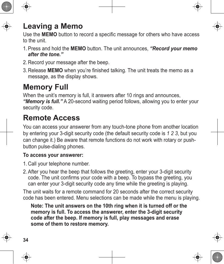 Remote access | Uniden 1380 User Manual | Page 34 / 44