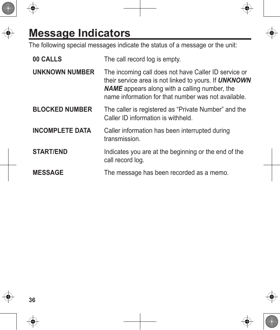 Message indicators | Uniden 1380 User Manual | Page 36 / 44