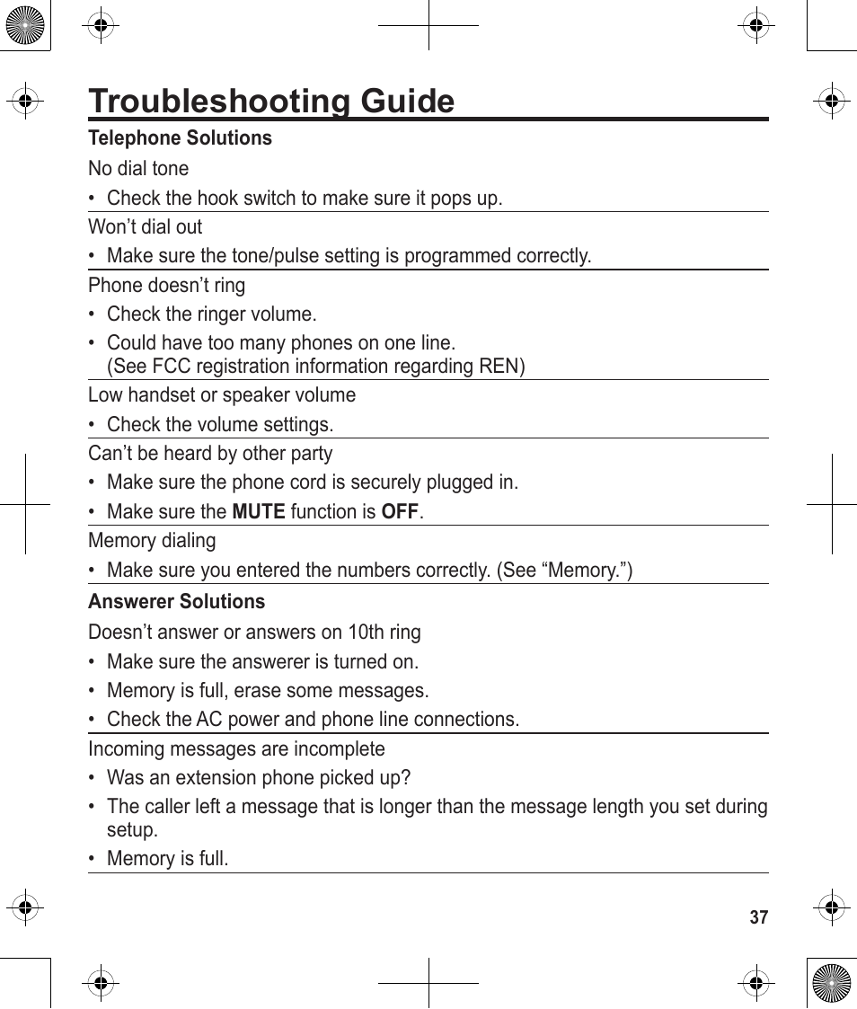 Troubleshooting guide | Uniden 1380 User Manual | Page 37 / 44
