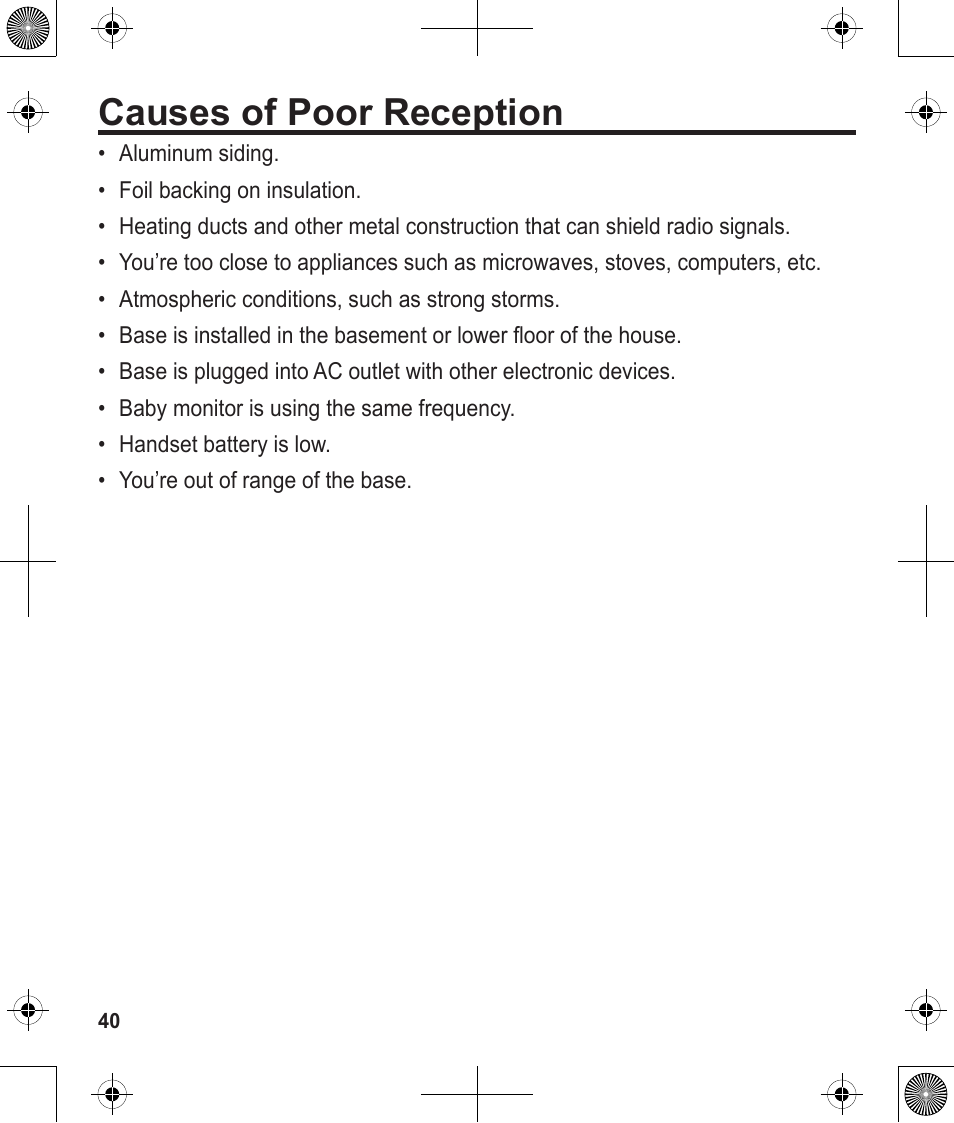 Causes of poor reception | Uniden 1380 User Manual | Page 40 / 44