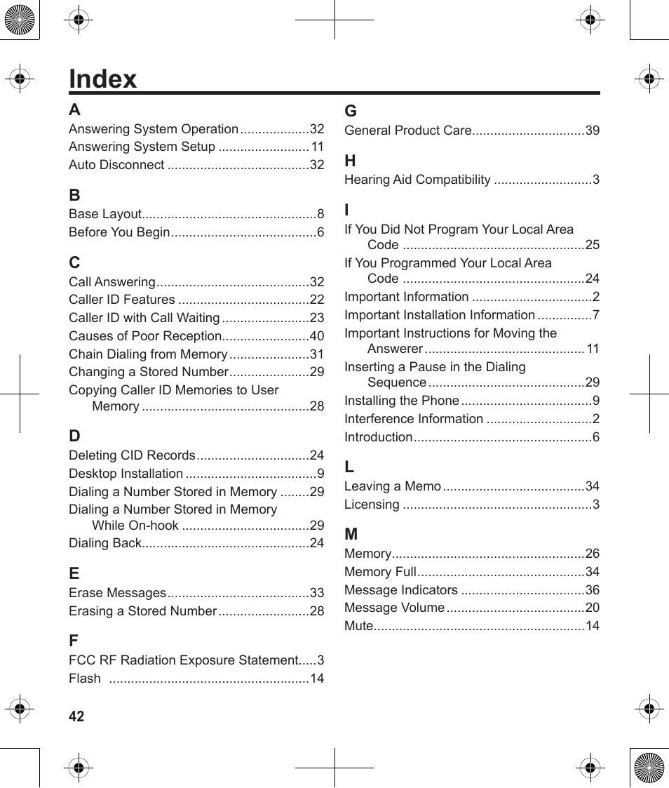 Index | Uniden 1380 User Manual | Page 42 / 44