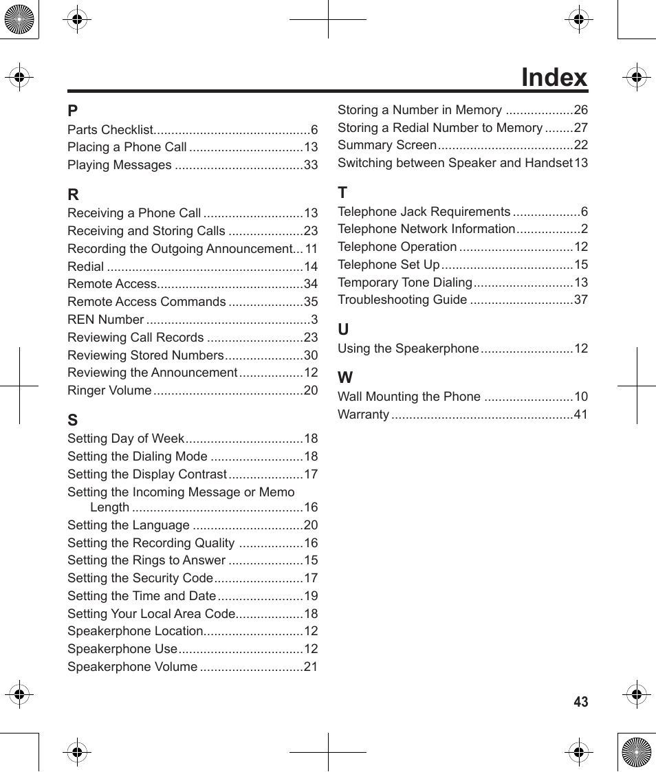 Index | Uniden 1380 User Manual | Page 43 / 44