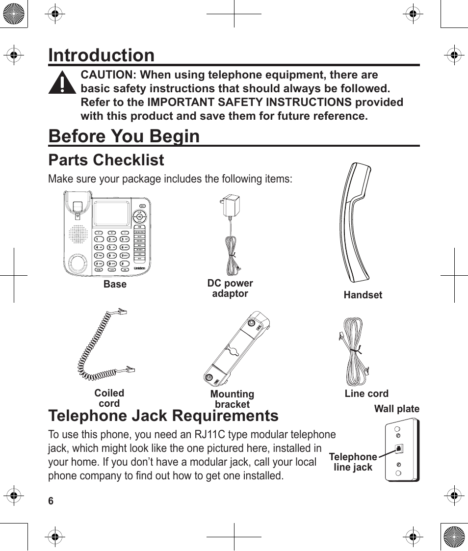 Introduction, Before you begin, Telephone jack requirements | Parts checklist | Uniden 1380 User Manual | Page 6 / 44