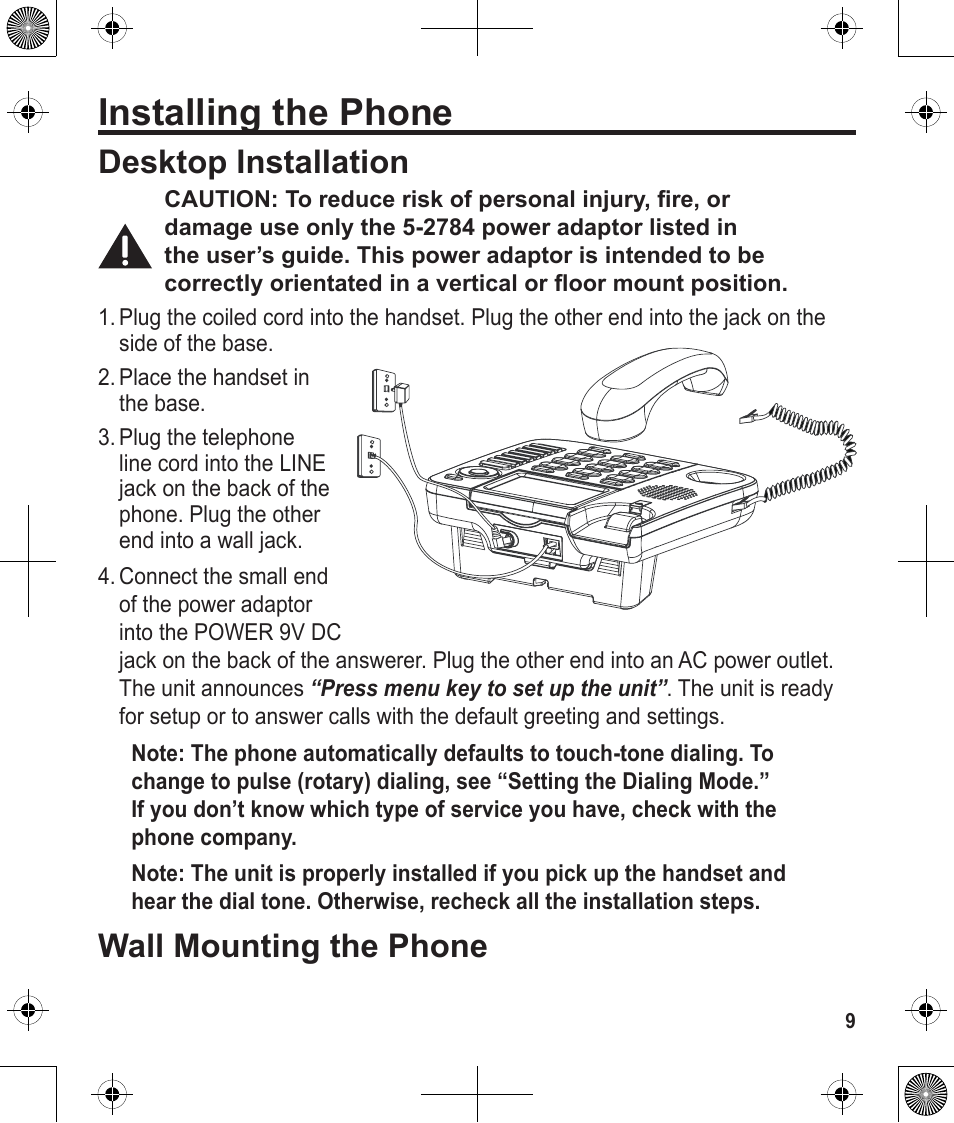 Installing the phone, Desktop installation, Wall mounting the phone | Uniden 1380 User Manual | Page 9 / 44